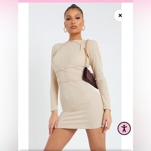 NWT Pretty Little Thing Stone Ribbed‎ Layered Strappy Bodycon Dress Women Size 4